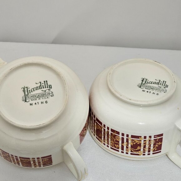 Homer Laughlin Piccadilly Creamer Sugar Stacking Set vtg red plaid gold floral - Picture 8 of 11